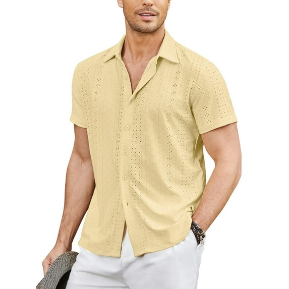 Frontwalk Mens Summer Shirts Short Sleeve Tops Lapel Neck T Shirt Men Casual T-shirt Button Down Blouse Khaki L