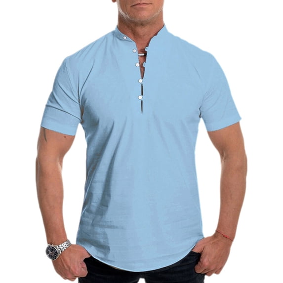 Frontwalk Men Short Sleeve Button Up Henley Shirt Stand Collar Pullover Tops Casual Comfy T-shirt Tee