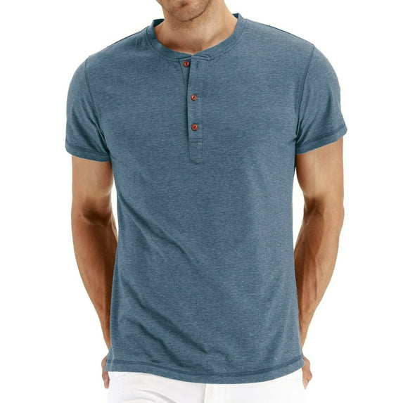 Frontwalk Mens T Shirts Button Down Summer Tops Henley Neck T-shirt Men Casual Pullover Short Sleeve Blouse Blue L
