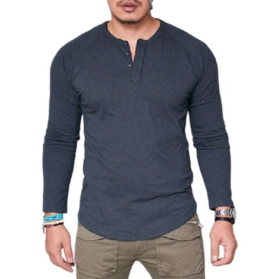 Frontwalk Mens T Shirts Crew Neck Tops Buttons T-shirt Men Fashion Pullover Long Sleeve Blouse Gray L