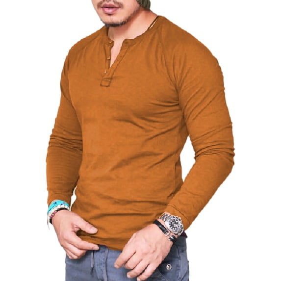 Frontwalk Mens T Shirts Crew Neck Tops Buttons T-shirt Men Fashion Pullover Long Sleeve Blouse Khaki 3XL