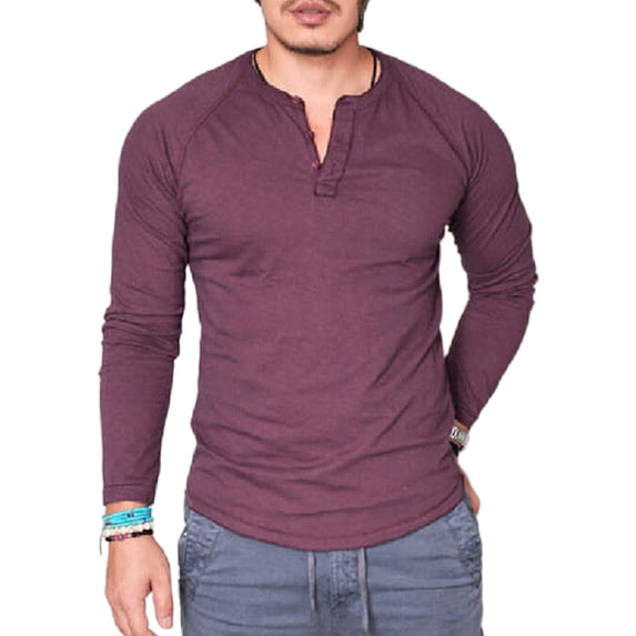 Frontwalk Mens T Shirts Crew Neck Tops Buttons T-shirt Men Fashion Pullover Long Sleeve Blouse Wine Red 2XL