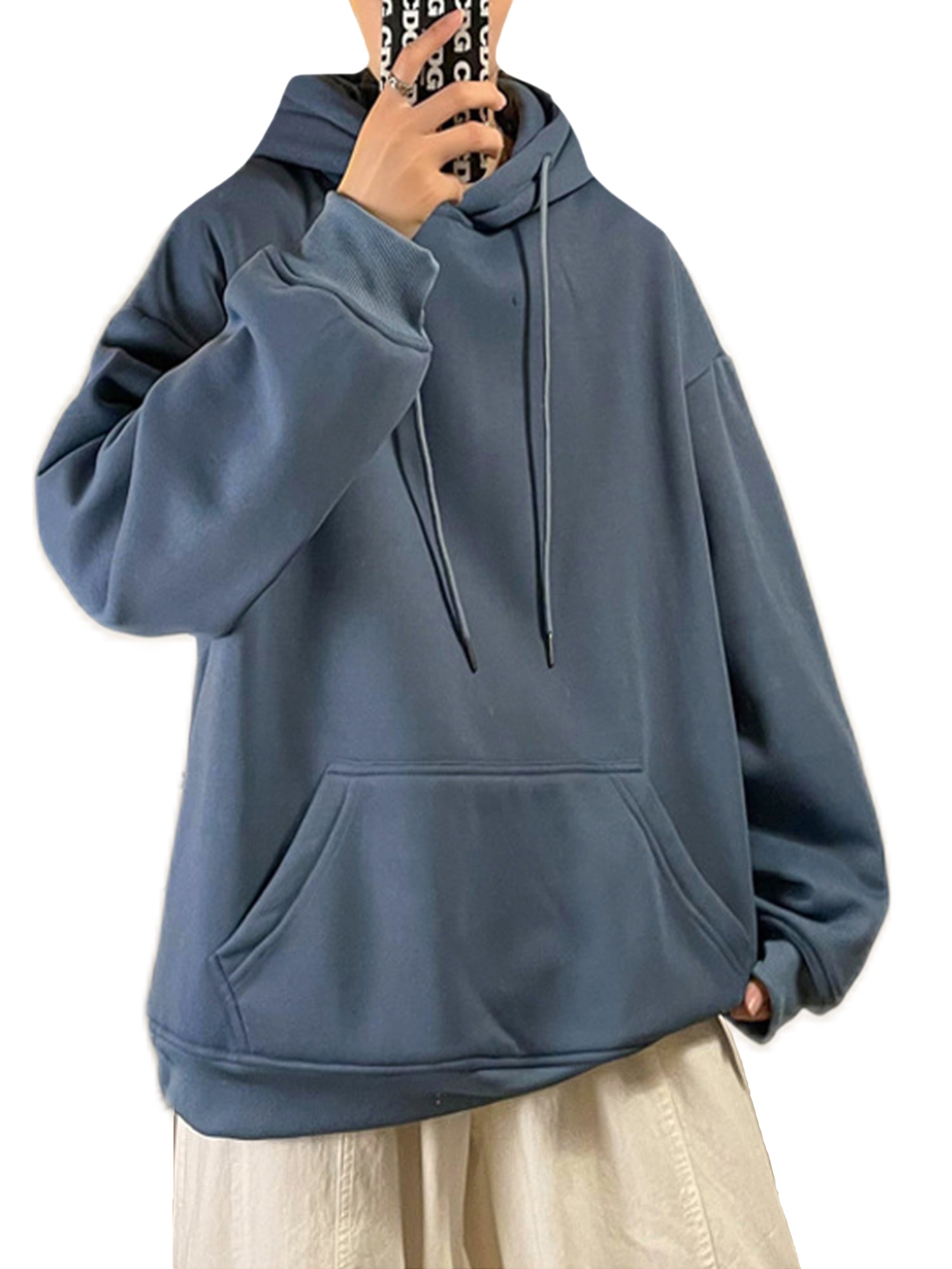 Frontwalk Mens With Kangaroo Pocket Plain Pullover Solid Color Regular Fit Hoodies Drawstring Work Sweatshirt Blue 3XL Walmart