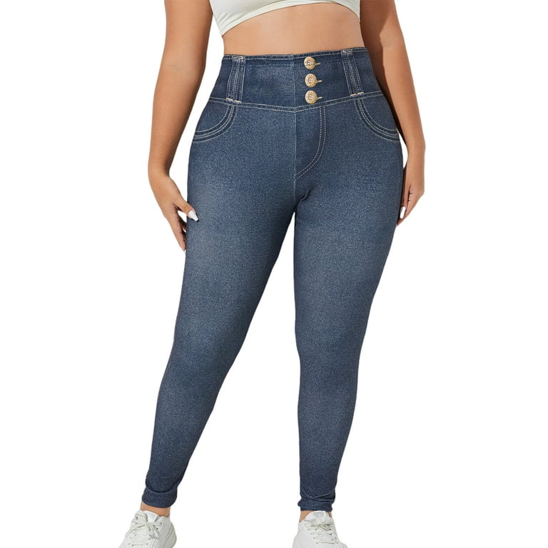 Frontwalk Plus Size Fake Jeans Pants For Women Denim Leggings High Waist  Skinny Bottoms Pant Tummy Control Jeggings Size XL-5XL Dark Blue 5XL 
