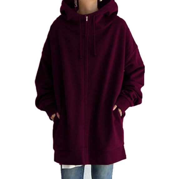 Frontwalk Plus Size Sweatshirts for Women Casual Zip Up Hoodies Tunic Long Jacket Outerwear with Pockets Dark Purple 2XL