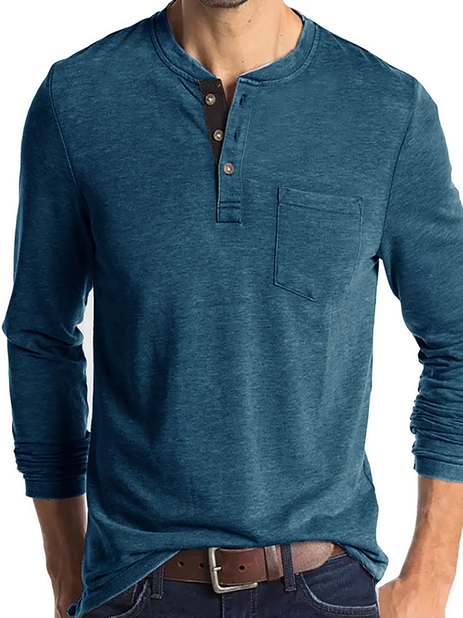Frontwalk Men's Long Sleeve Henley Shirts, Casual Crew Neck Tops, Solid ...