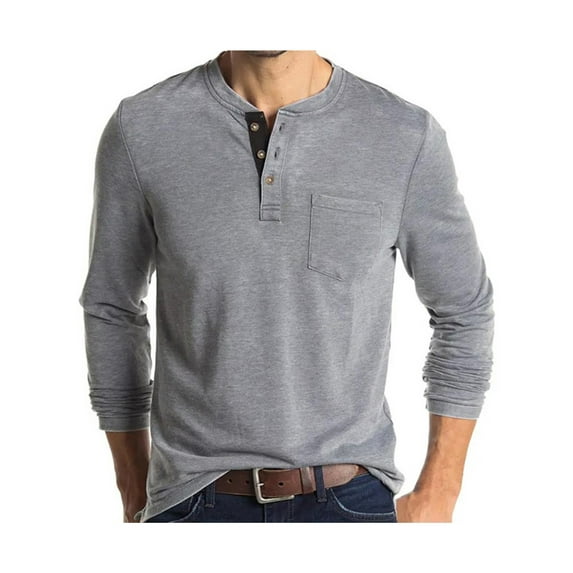 Frontwalk Pullover Tops for Men Casual Long Sleeve Crew Neck Henley Shirts Classic Fit Solid Color Pullover T-Shirts with Pocket