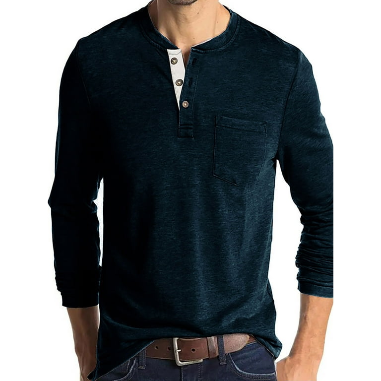 Frontwalk Pullover Tops for Men Casual Long Sleeve Crew Neck Henley Shirts Classic Fit Solid Color Pullover T Shirts with Pocket Walmart