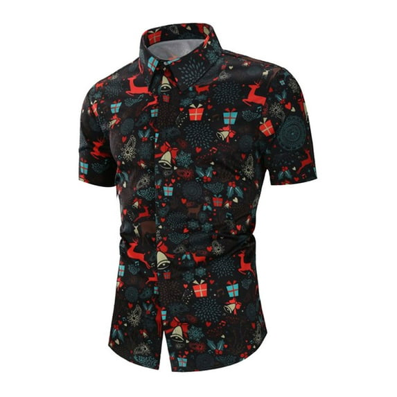 Frontwalk Mens Xmas Blouse Short Sleeve Tops Lapel Neck Christmas Shirt Holiday Single Breasted Shirts Button Down Tee Elk Black 2XL