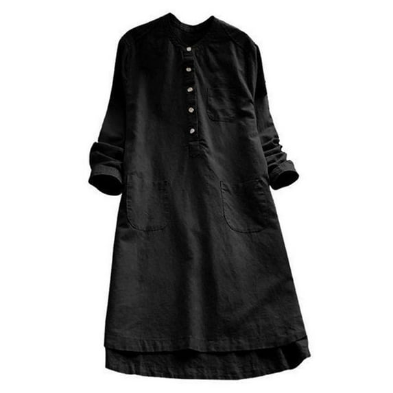 Frontwalk Women Midi Dress Solid Color A-Line Dresses Crew Neck Ladies Loose Long Sleeve Black S