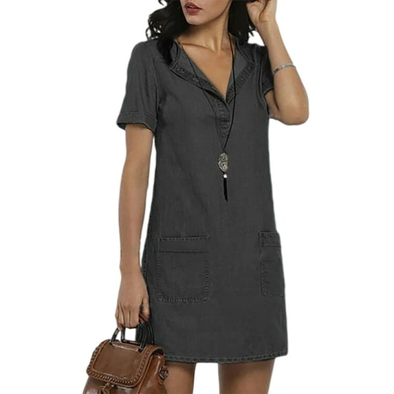 Frontwalk Summer Beach Dresses for Women V Neck Casual Denim Shirt Dress Short Sleeve Jeans Tunic Dress Black 2XL