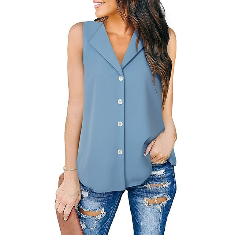 Frontwalk Summer Button Down Shirts For Women Tank Tops Loose Lapel Neck  Tee Straight Hem Basic Tunic Shirt Solid Color Dating Casual Sleeveless  Blouse 