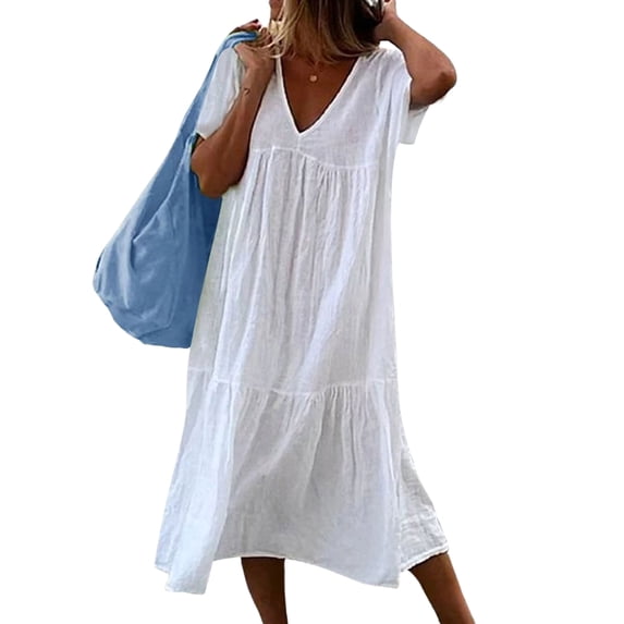 Frontwalk Summer Casual Dresses for Women V Neck Midi Dresses Short Sleeve Loose Fit T Shirt Dresses White S