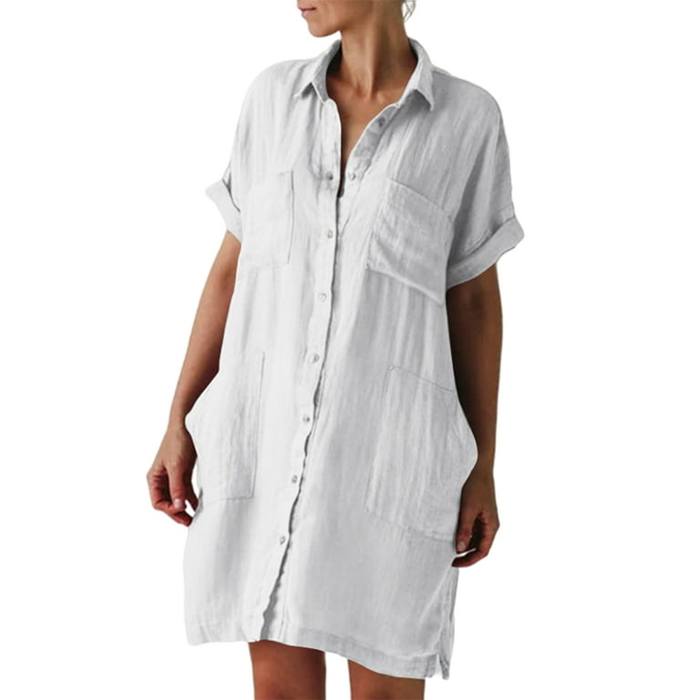 Frontwalk Summer Shirt Dress for Womens Solid Color Casual Mini Dress Loose Short Sleeve Beach Dress with Pockets Walmart