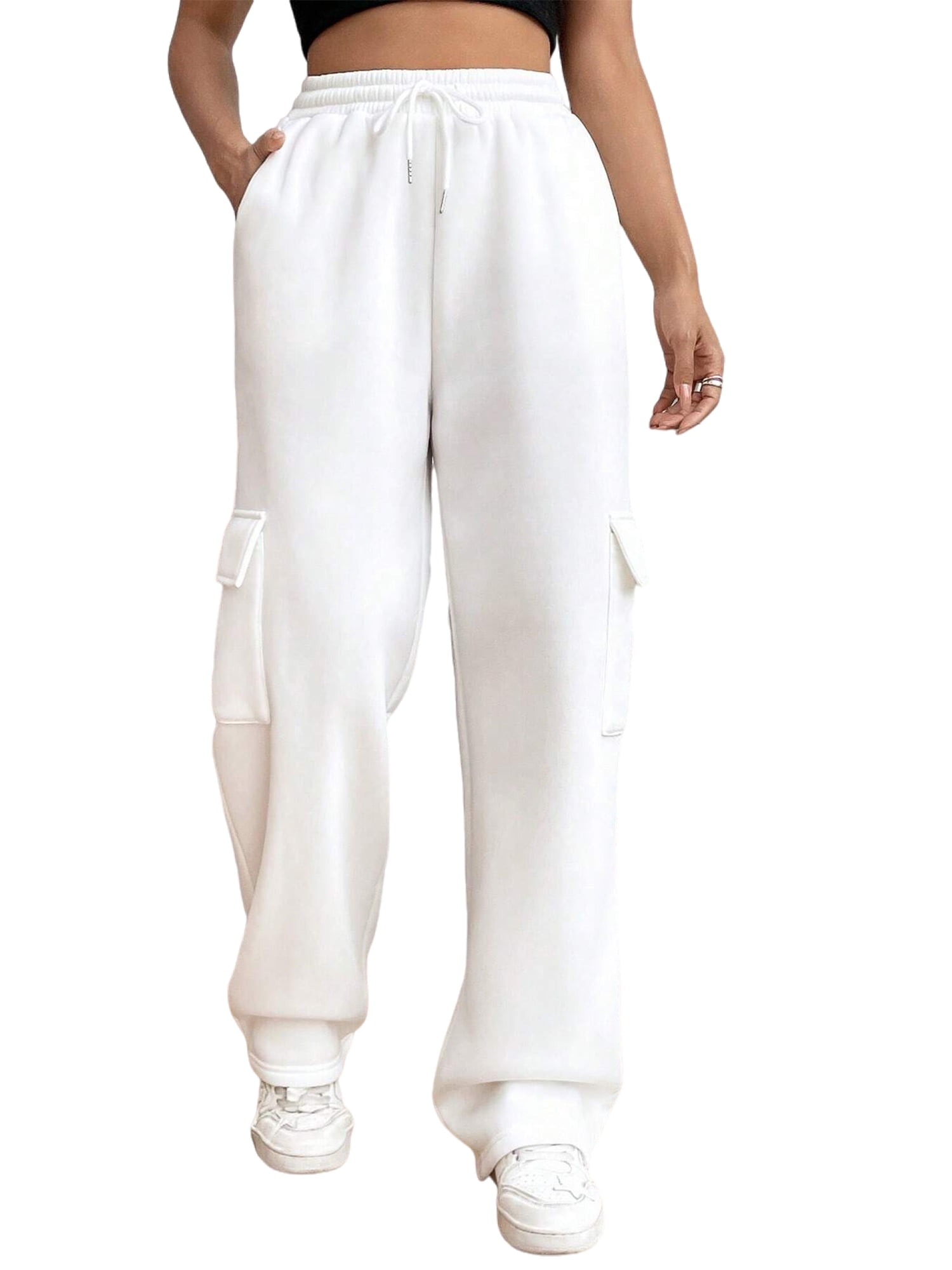 Women's High Waist Cargo Sweatpants - Baggy Wide Leg Palazzo Pants With Drawstring & Pockets, Soft Loose Fit Joggers