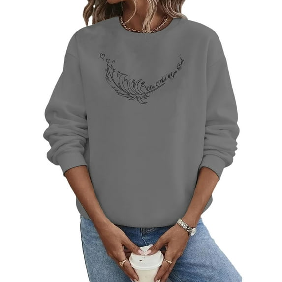 Frontwalk Sweatshirt for Women Feather Graphics Printed Pullover Long Sleeve Crewneck Basic Tops Casual Loose Blouse Gray Feather L