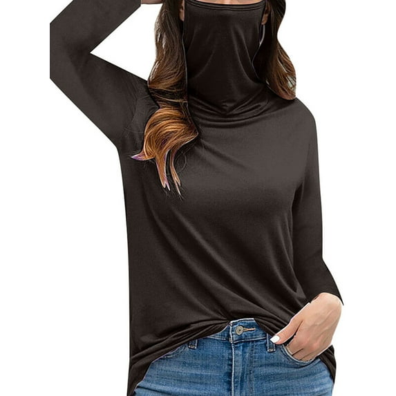 Frontwalk T Shirt for Women High Collar Tee Long Sleeve T-shirt Loungewear Loose Tunic Blouse Solid Color Tops Black 5XL