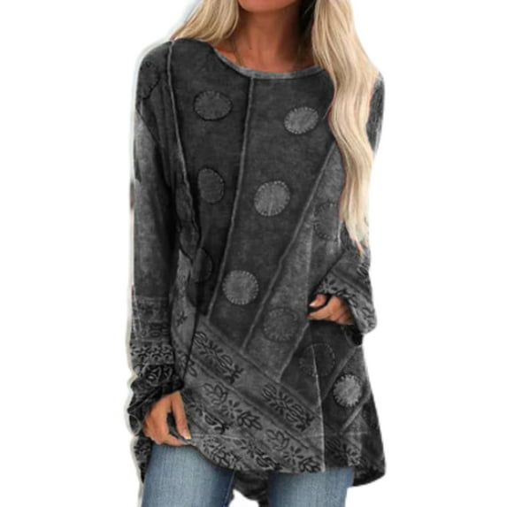 Frontwalk Tunic Blouse for Women Long Sleeve Tops High Low Ethnic Style Loose Plus Size Pullover T-shirt Gray S