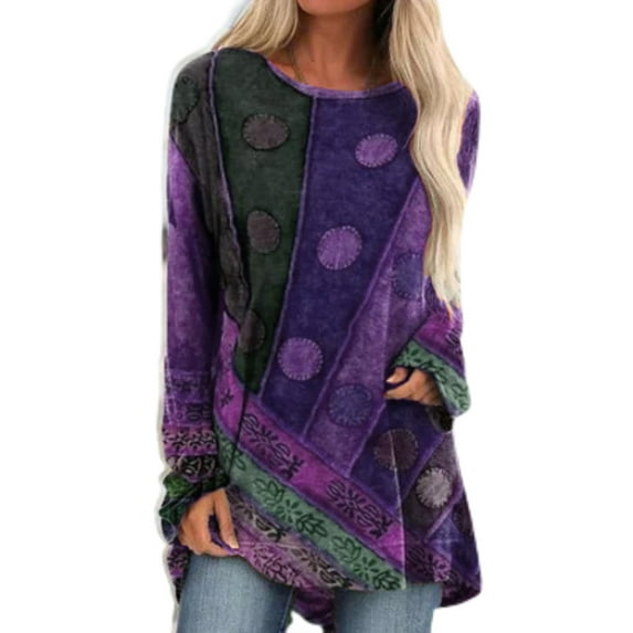 Frontwalk Tunic Blouse for Women Long Sleeve Tops High Low Ethnic Style Loose Plus Size Pullover T-shirt Violet XXL