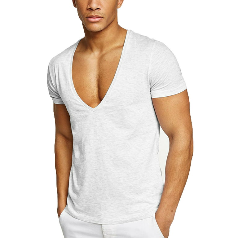 Frontwalk V Neck T Shirts for Men Low Cut Deep V Neck Tee Muscle Slim Fit  Stretch Tops for Summer