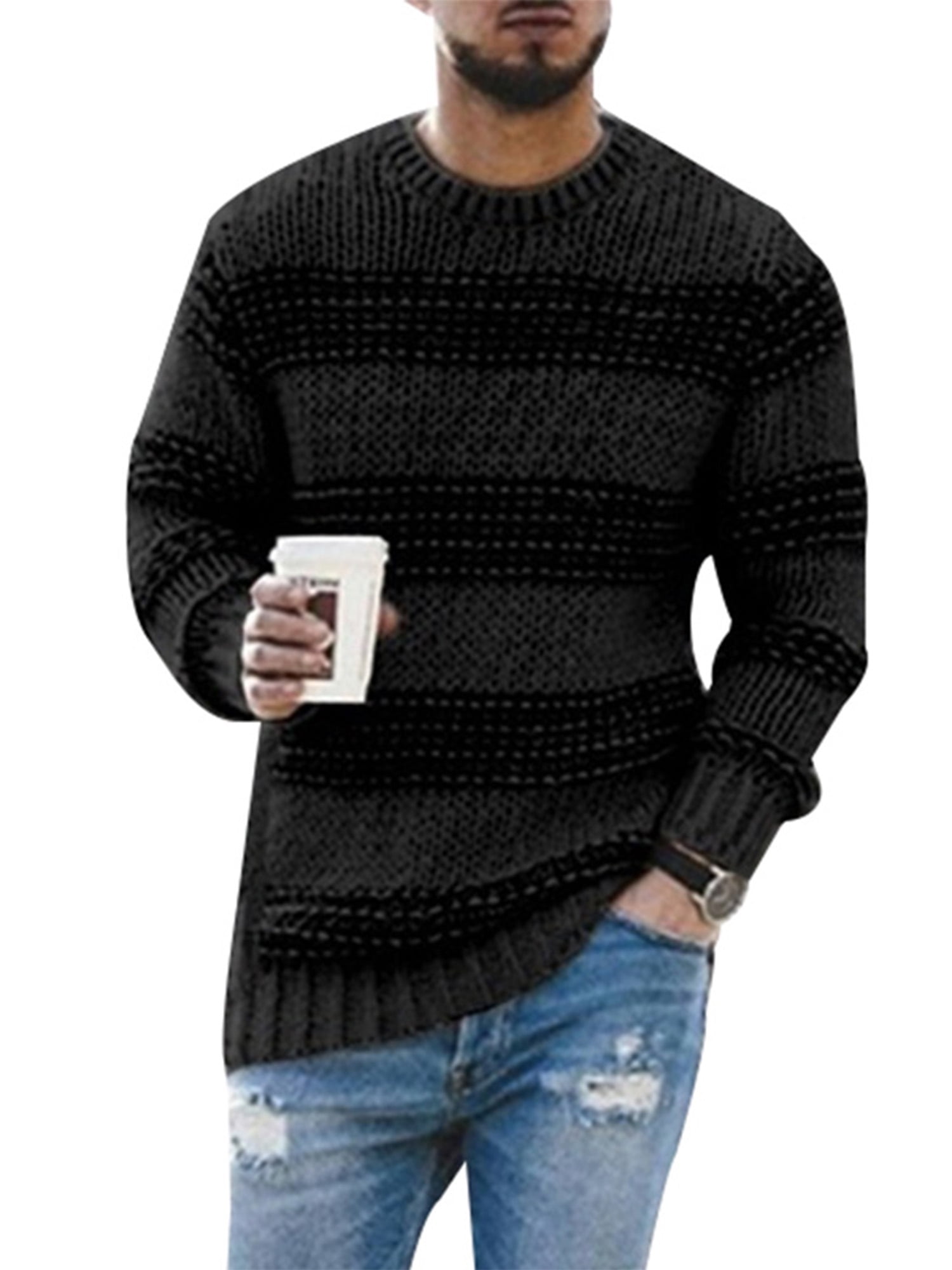 Frontwalk Warm Colorful Striped Splicing Men's Winter Sweater, Casual ...
