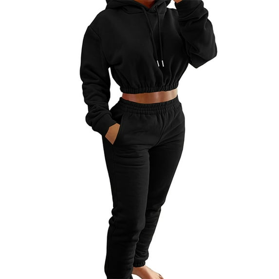 Frontwalk Women 2 Piece Tracksuit Set Casual Sports Hoodies Sweatsuit Sweatpants Jogger Winter Long Sleeve Activewear Outfits for Ladies Black M