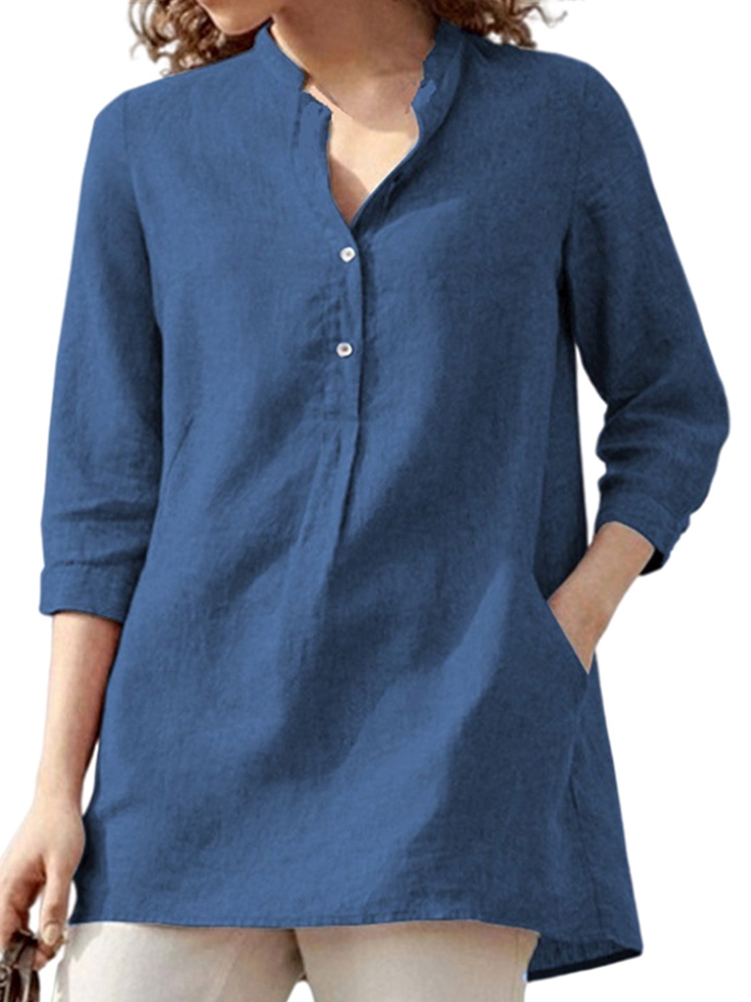 Tie G U Style Women's 3/4 Sleeve V-Neck Tunic Top - Stretch Cotton Casual Blouse (Navy Blue) - View #4