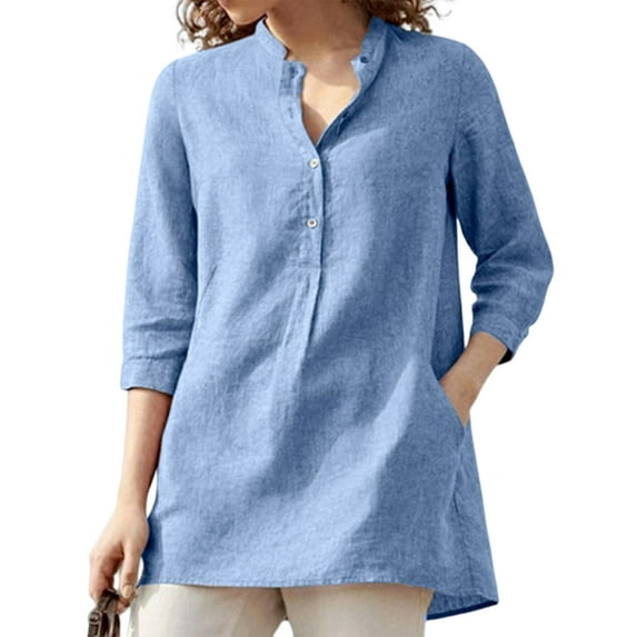 Frontwalk Women 3/4 Sleeve Tunic Tops Fashion Loose Henley V Neck Shirt Work Office Business Blouse Solid Button Shirts with Pockets