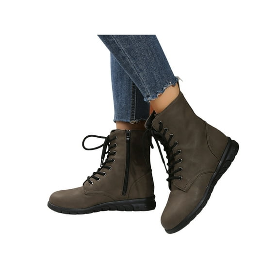 Frontwalk Women Ankle Boots Casual Combat Boot Side Zip Booties Walking Fashion Shoes Womens Lace Up Army Green 9.5
