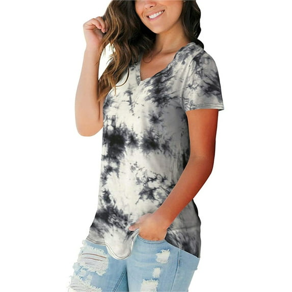 Frontwalk Women Baggy Short Sleeve Tee V Neck Casual Tunic Blouse Pullover Beach