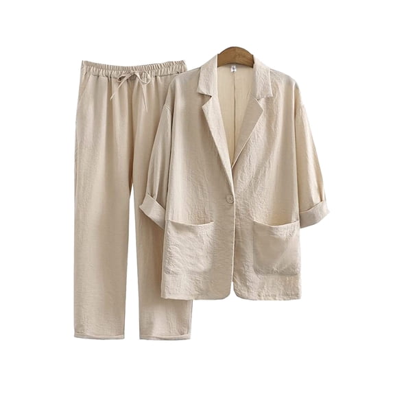 Frontwalk Women Blazer Set Lapel Neck Two Piece Outfit Elastic Waist Business Suit Party Loose Fit Blazers And Pants 3/4 Sleeve Light Brown 2XL
