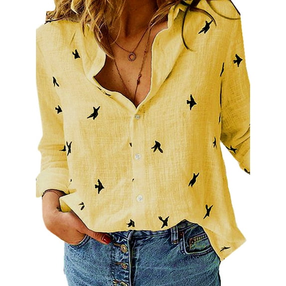 Frontwalk Women Blouse Button Down Linen Tops Long Sleeve Shirts Office Casual Comfy Tunic Tee Lapel Neck Solid Color/Flower Printed T-Shirts Yellow Black 3XL