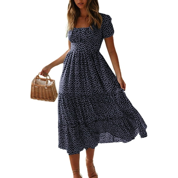 Frontwalk Women Boho Sundress Hawaiian Polka Dots Dress Puff Sleeve Long Maxi Dress Summer Casual Loose Swing Dresses Size S-2XL
