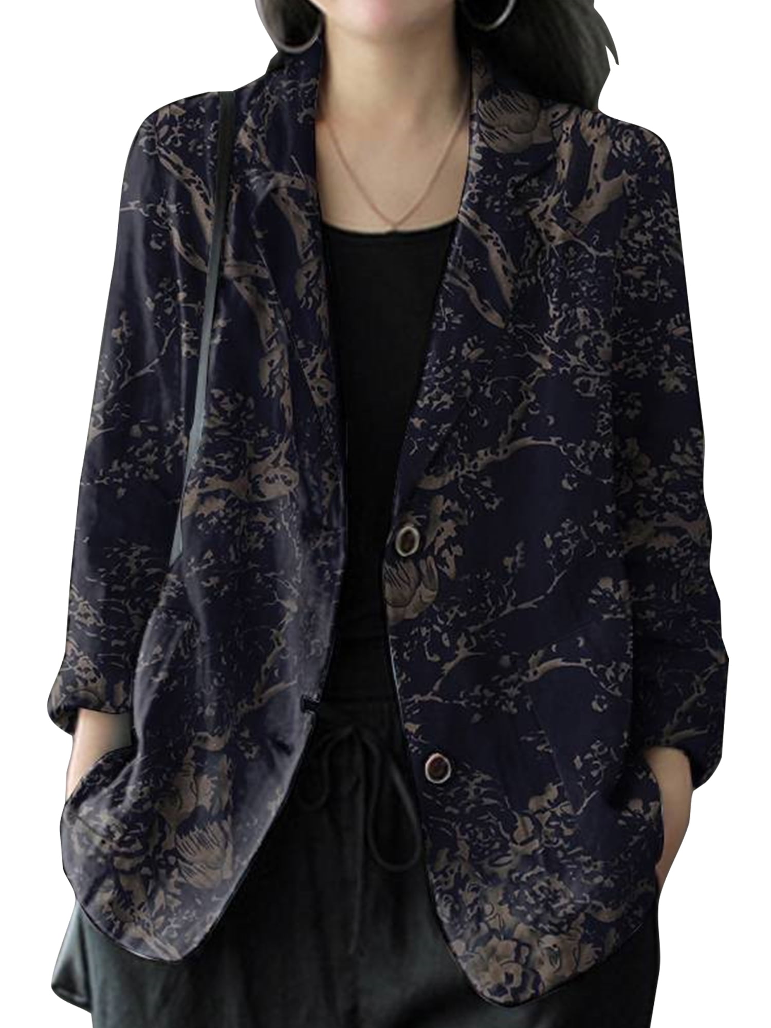 Frontwalk Women Business Jackets Floral Print Blazers Lapel Neck