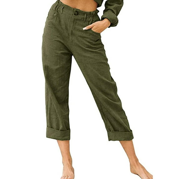 Frontwalk Women Cargo Pants Cotton Casual Cropped Trousers High Waist Loose Straight Leg Pants with Pockets