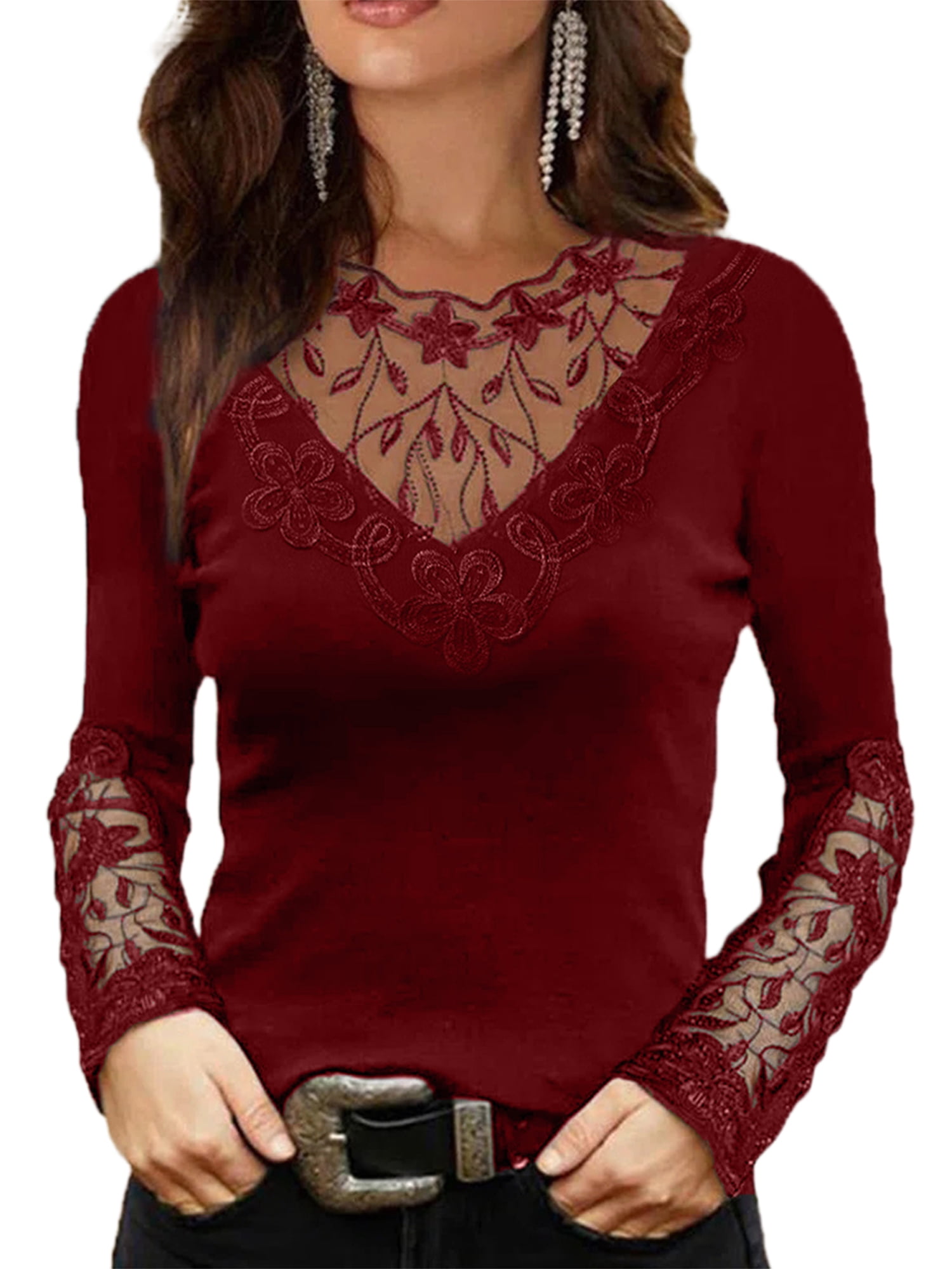 Frontwalk Women Casual Lace Stitched Tee Solid Color Sexy Tops Ladies Long Sleeve Dailywear T Shirt Wine Red XXL Walmart