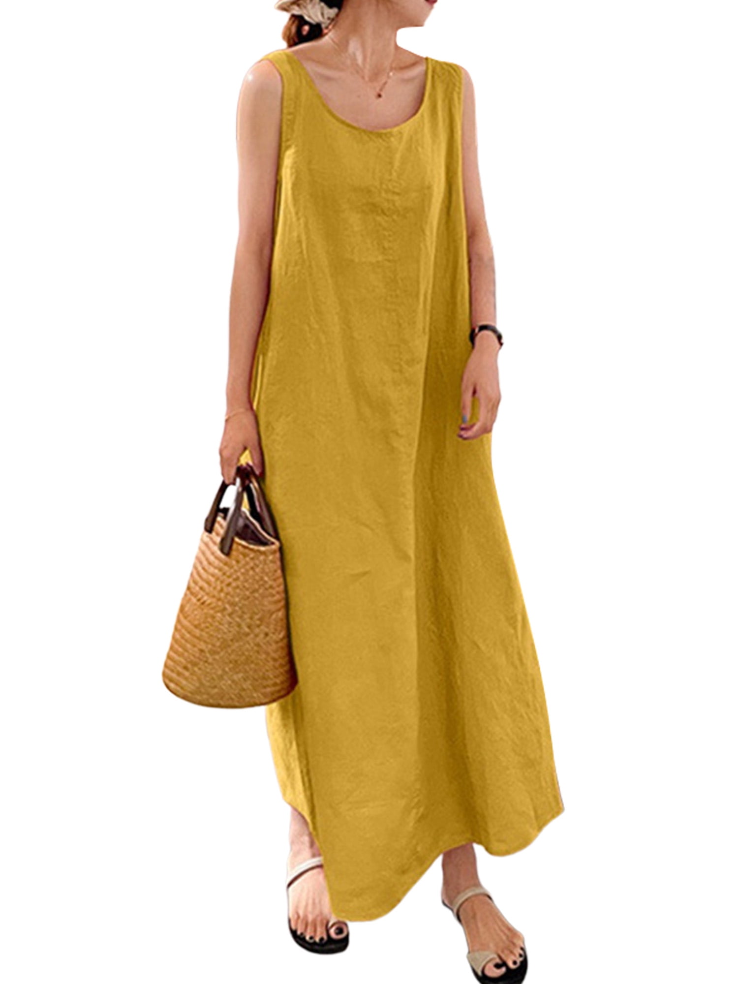 Women's Plus Size Maxi Dress - Sleeveless Crewneck, Loose A-Line With Pockets, Long Summer Dress - View #5