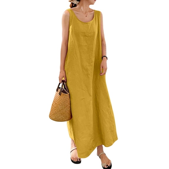 Frontwalk Women Casual Loose Summer Long Dress Sleeveless Beach Maxi Dress Plus Size Comfy T Shirt Tank Dress with Pocket