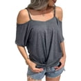 thumbnail image 1 of Frontwalk Women Casual Loose T-Shirt Solid Color Short Sleeve Tops Spaghetti Strap Sexy Off Shouldrt Tunic Summer Crew Neck Dailywear Blouse, 1 of 2