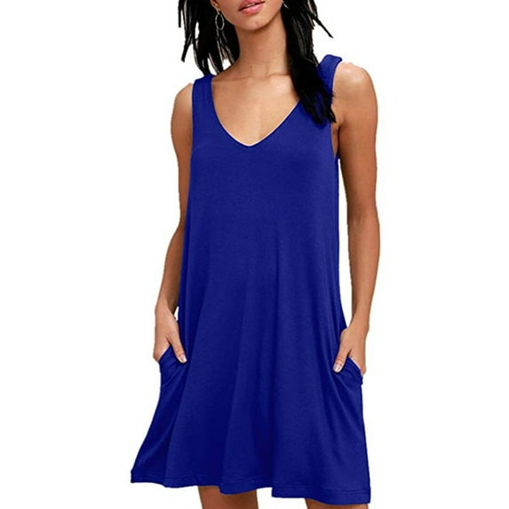 Frontwalk Women Casual Loose Tank Dresses Sleeveless Beach Vacation Dress Swing Sundress Color Blue L