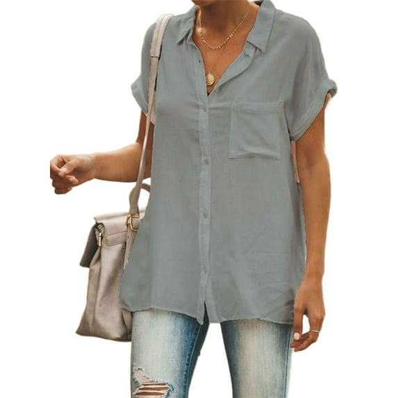Frontwalk Women Casual Short Sleeve Shirts Solid Color Button Down Tops Blouse Summer Lapel Neck Comfy T-Shirts Shirt Ladies Loungewear Loose Tunic Tee