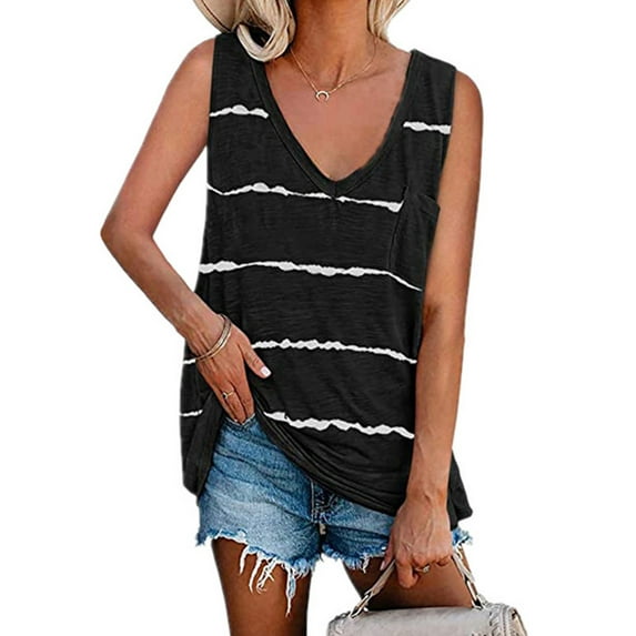 Frontwalk Women Casual Tank Tops Chest Pocket Blouse Striped Sleeveless Basic Vest Tee Shirt Summer Loose Beach Holiday Camisole