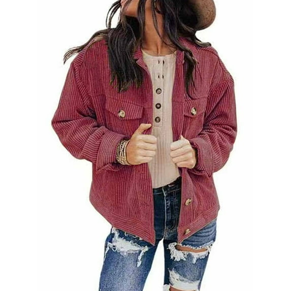 Frontwalk Women Coat Corduroy Jacket Long Sleeve Outwear Ladies Loose Jackets Cardigan Claret S