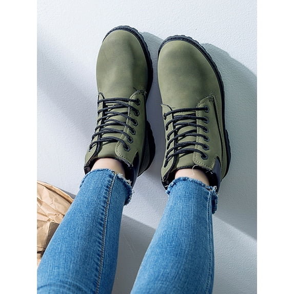 Frontwalk Women Combat Boot Lug Sole Winter Boots Plush Lined Ankle Booties Work Comfortable Shoes Ladies Casual Short Bootie Green 7