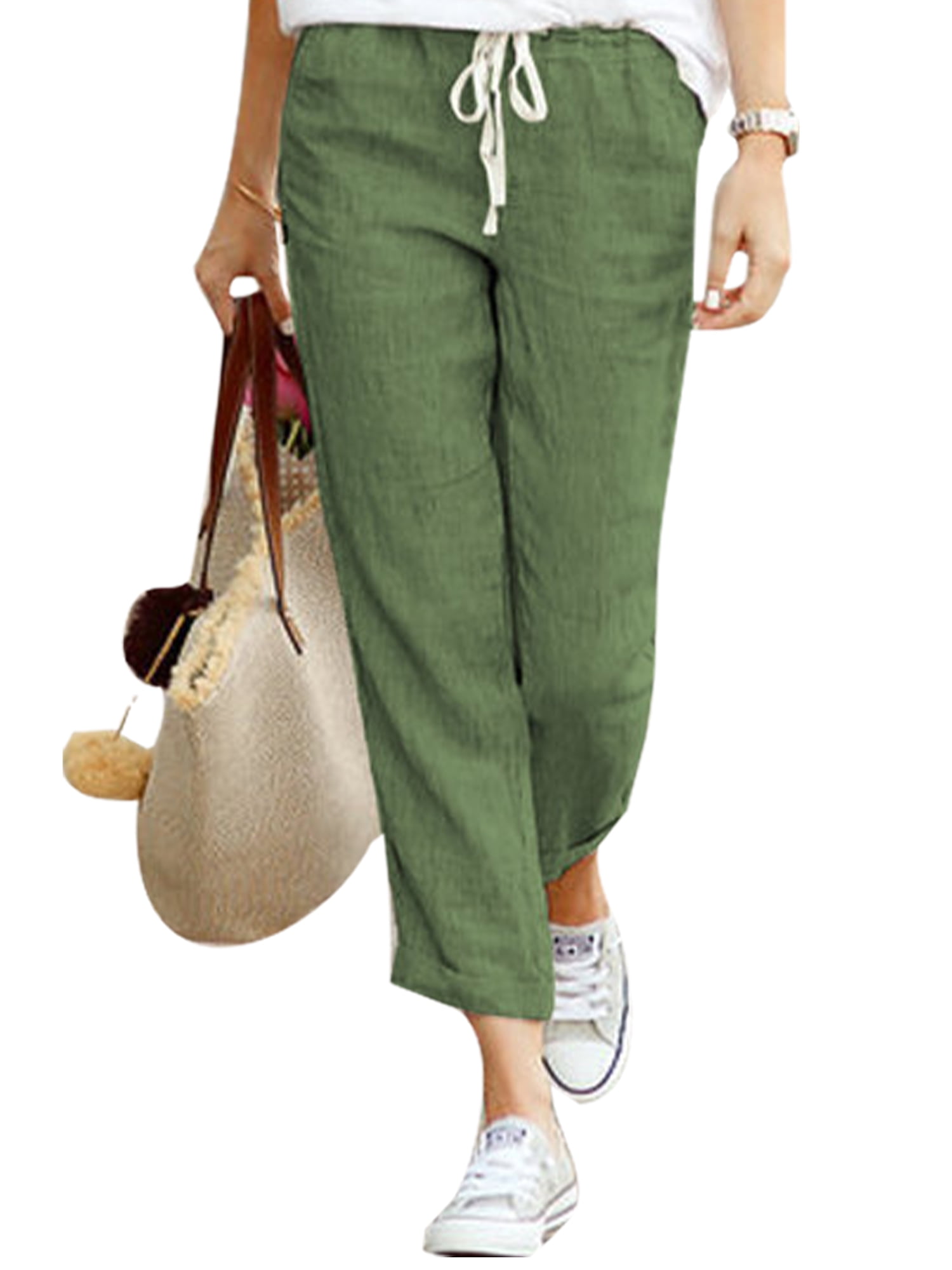 Frontwalk Women Cotton Linen Loose Pants Drawstring Wide Leg Lounge Pants  Dry Fit Jogger Trousers with Pockets 