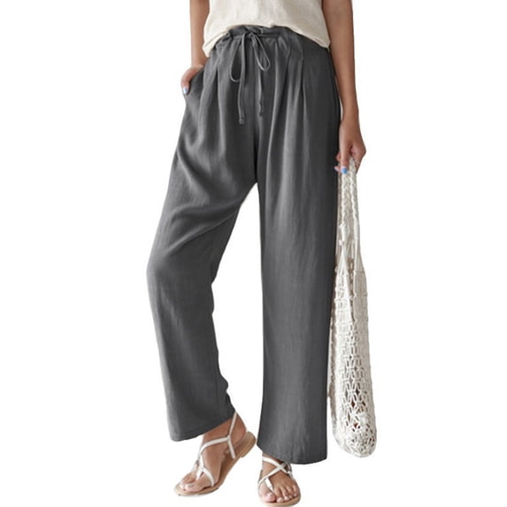 Frontwalk Women Cotton Pants Drawstring Elastic Waist Tie Up Straight Loose Pants with Pockets Grey 3XL