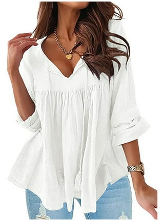 Women's Casual Long Sleeve Babydoll Tops V Neck Pleated Peplum Tunic Top  Puff Tiered Flowy Shirts Blouse 