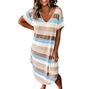 FRONTWALK Women Cotton Nightgown Sleepwear Short Sleeves Shirt Casual Striped Print Sleepdress Soft Sleepshirt Loose Fit Loungewear Size S-3XL