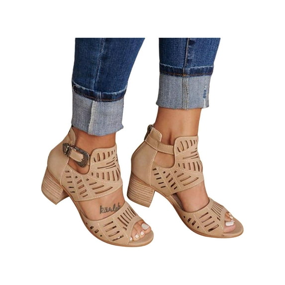 Frontwalk Women Dress Sandal Beach Heeled Sandals Chunky Heel High Heels Wedding Hollow Out Pumps Ladies Summer Shoes Khaki 9