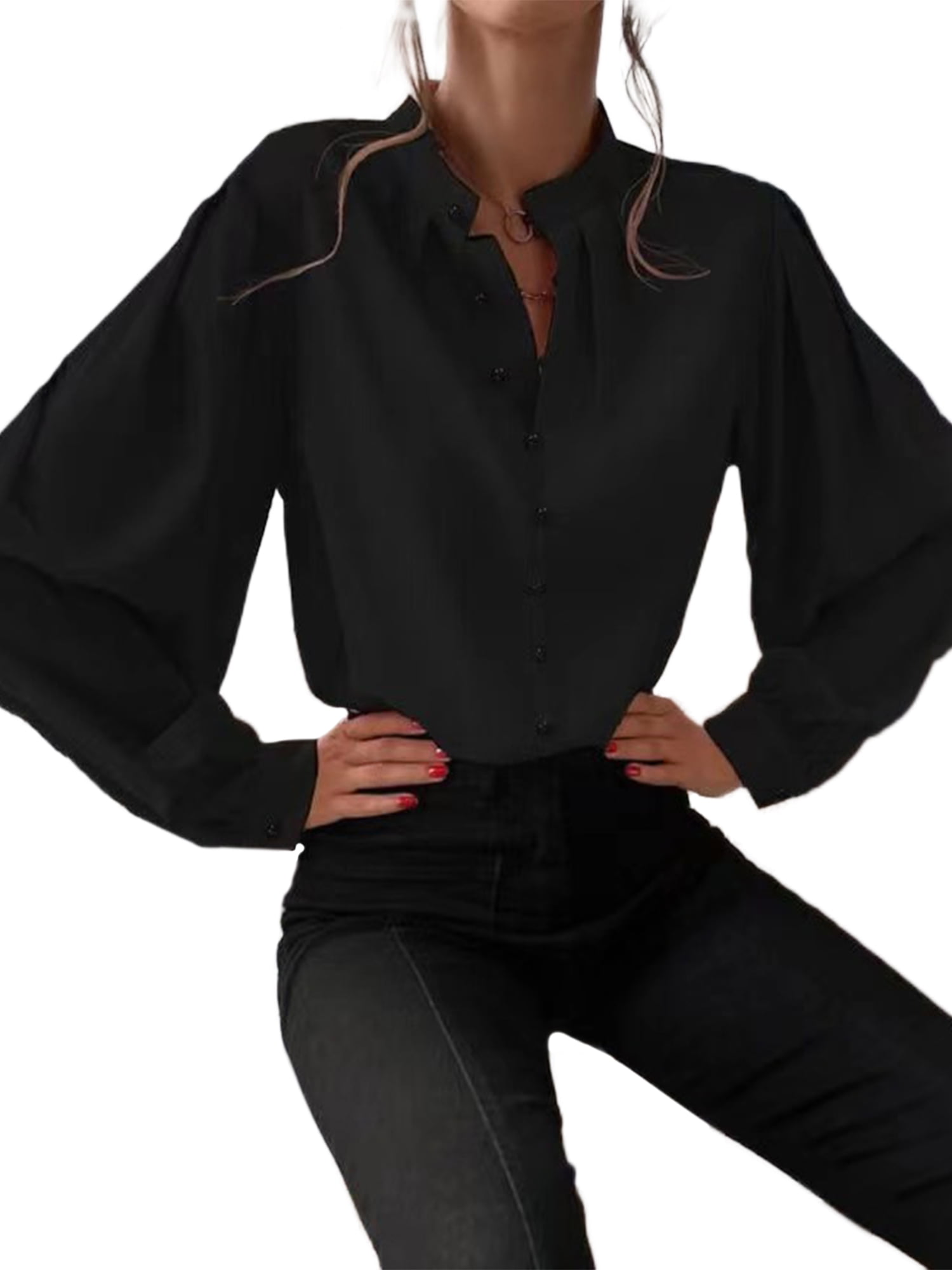 Frontwalk Women Elegant Lantern Sleeves Blouse Long Sleeve Plain Formal  Tops Button Down Casual Work Office Shirts Black L 